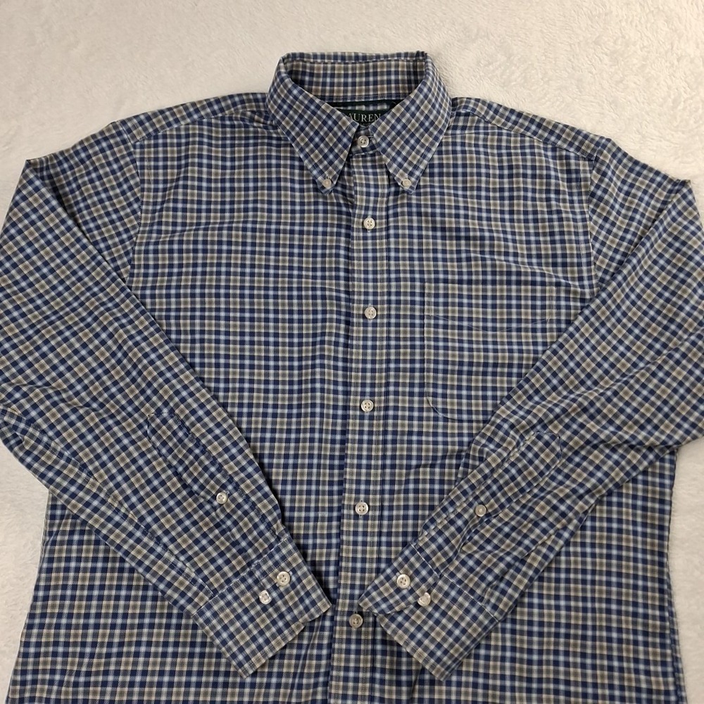 Lauren Ralph‎ Lauren Classic Fit Blue Plaid Shirt Men's 15.5 32/33 Long Sleeve